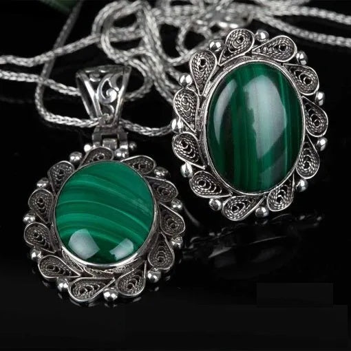 Malachite Filigree Silver Women Set