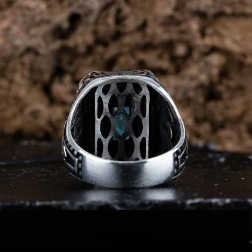 Blue Quartz Rectangle Ornamented Silver Ring