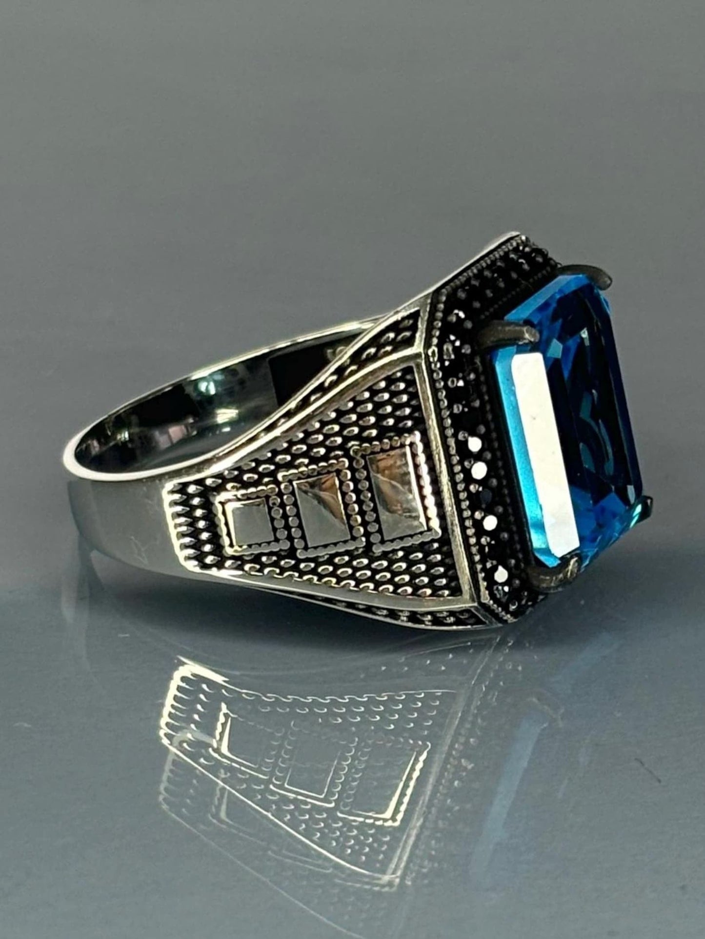 Men's 925 Sterling Silver Aquamarine Stone Ring