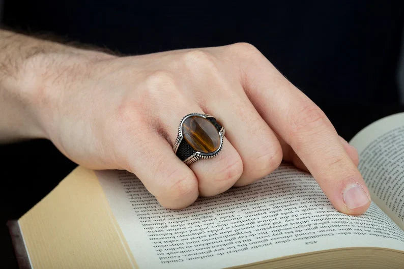 Brown Tiger’s Eye Oval Micro Cut Silver Ring