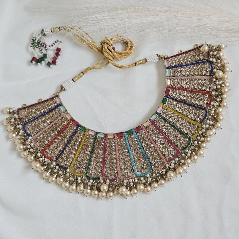 Antique Gold Multicolour Polki Coller Choker Necklace Set