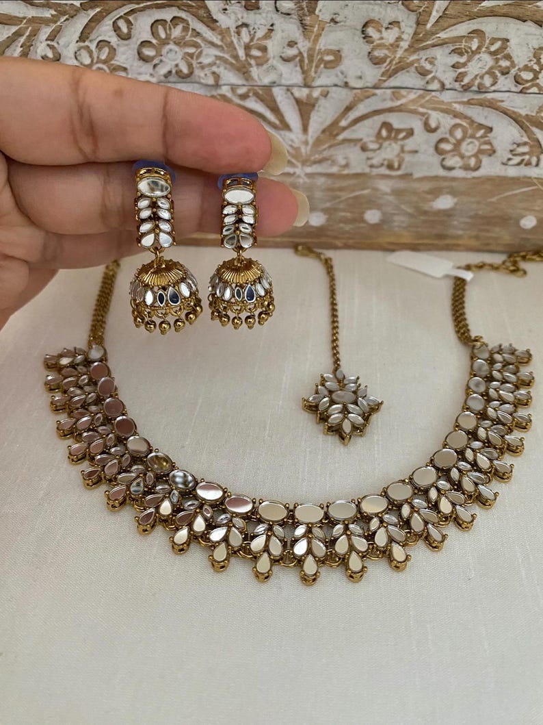 Green Multicolor Mirror Choker Necklace set