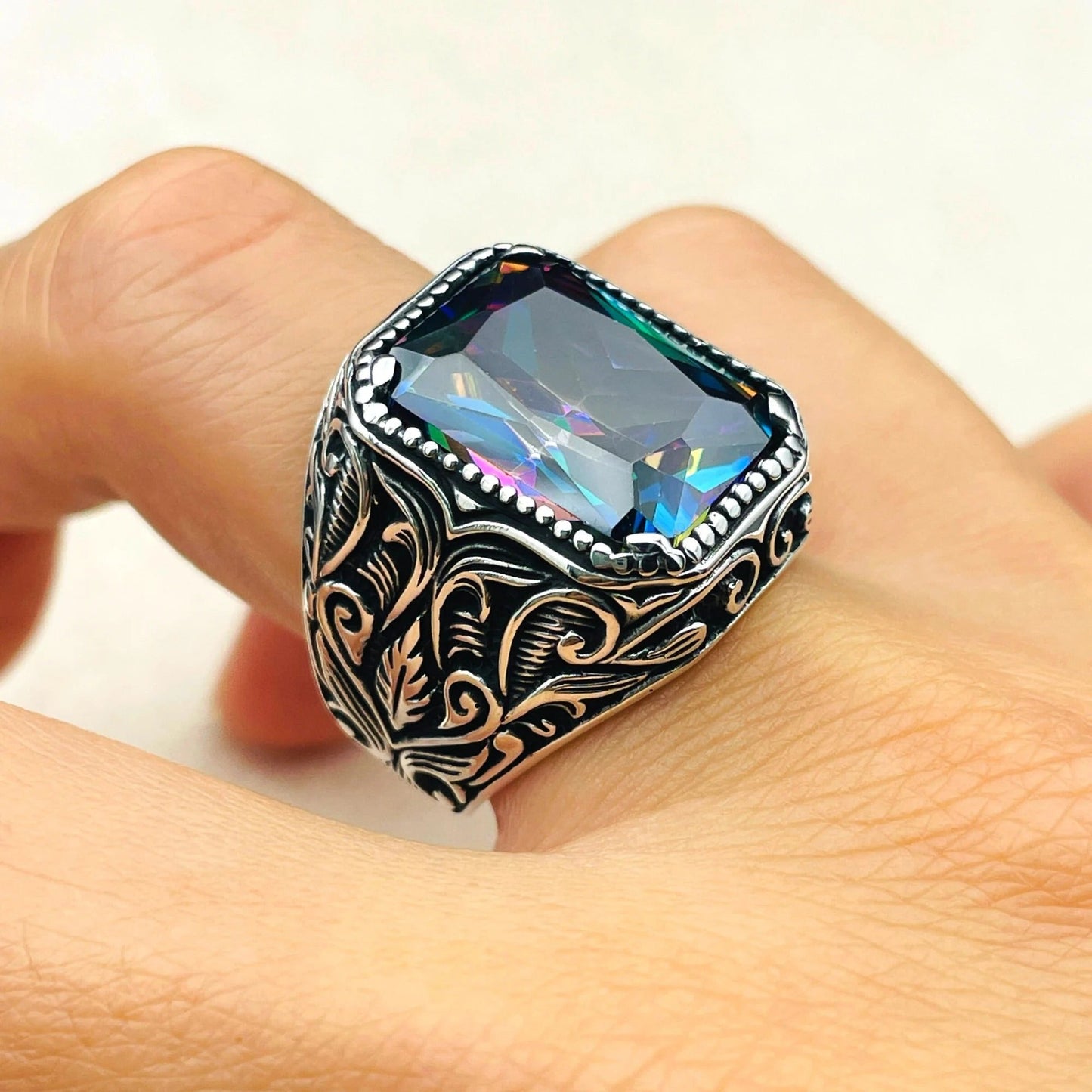 Mystic Topaz Multi Color Stone Ring Men
