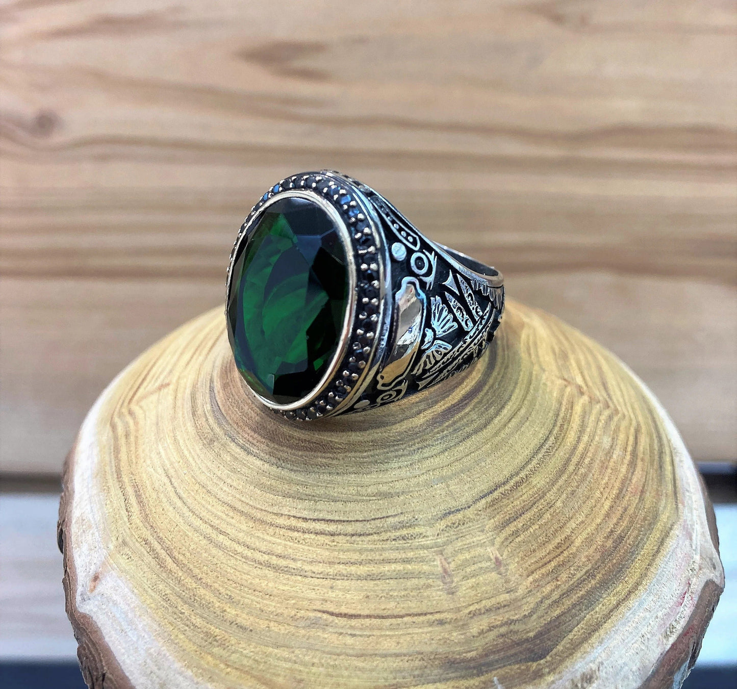 Green Emerald Stone Silver Ring