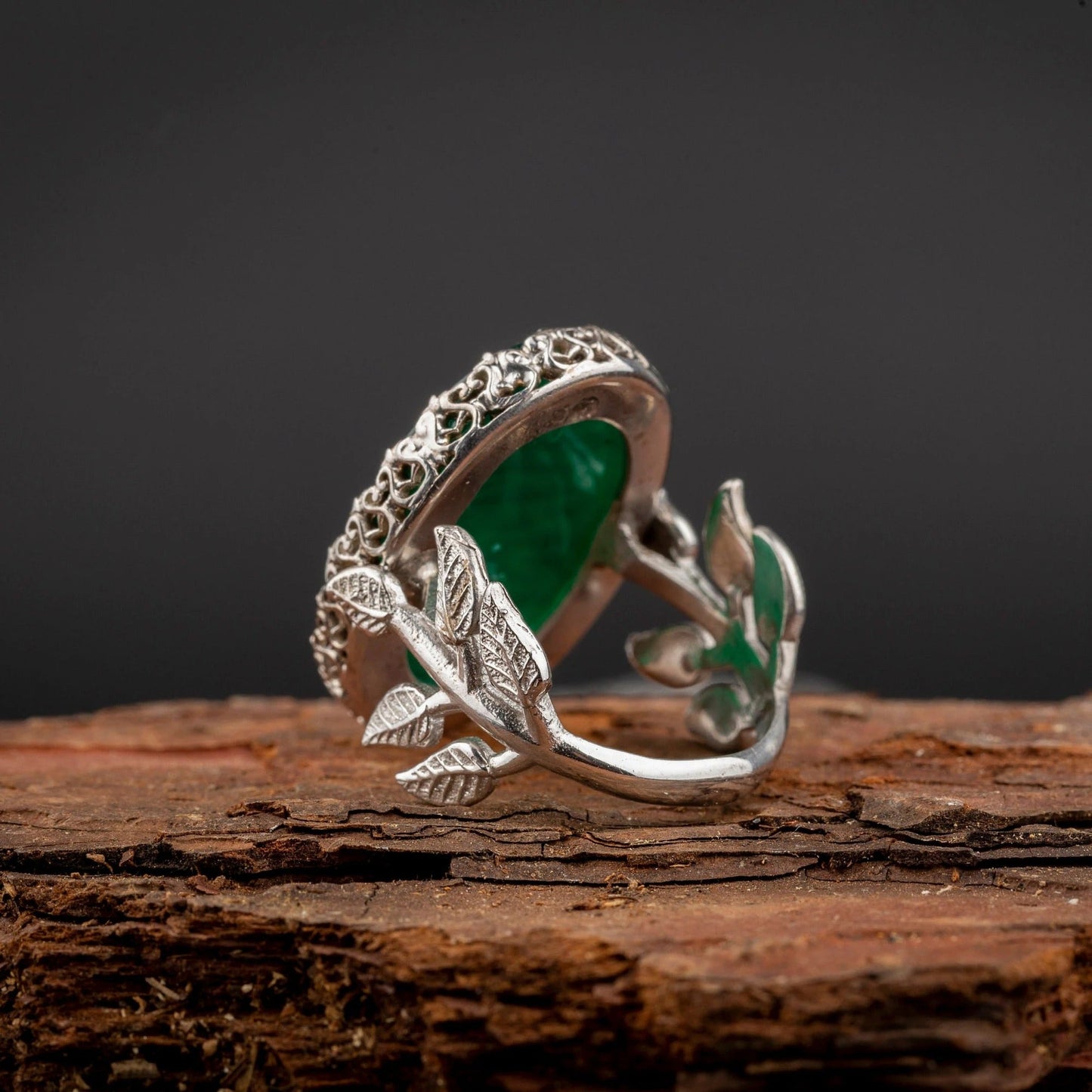 Ayat Al Kursi Green Aqeeq Silver Women Ring