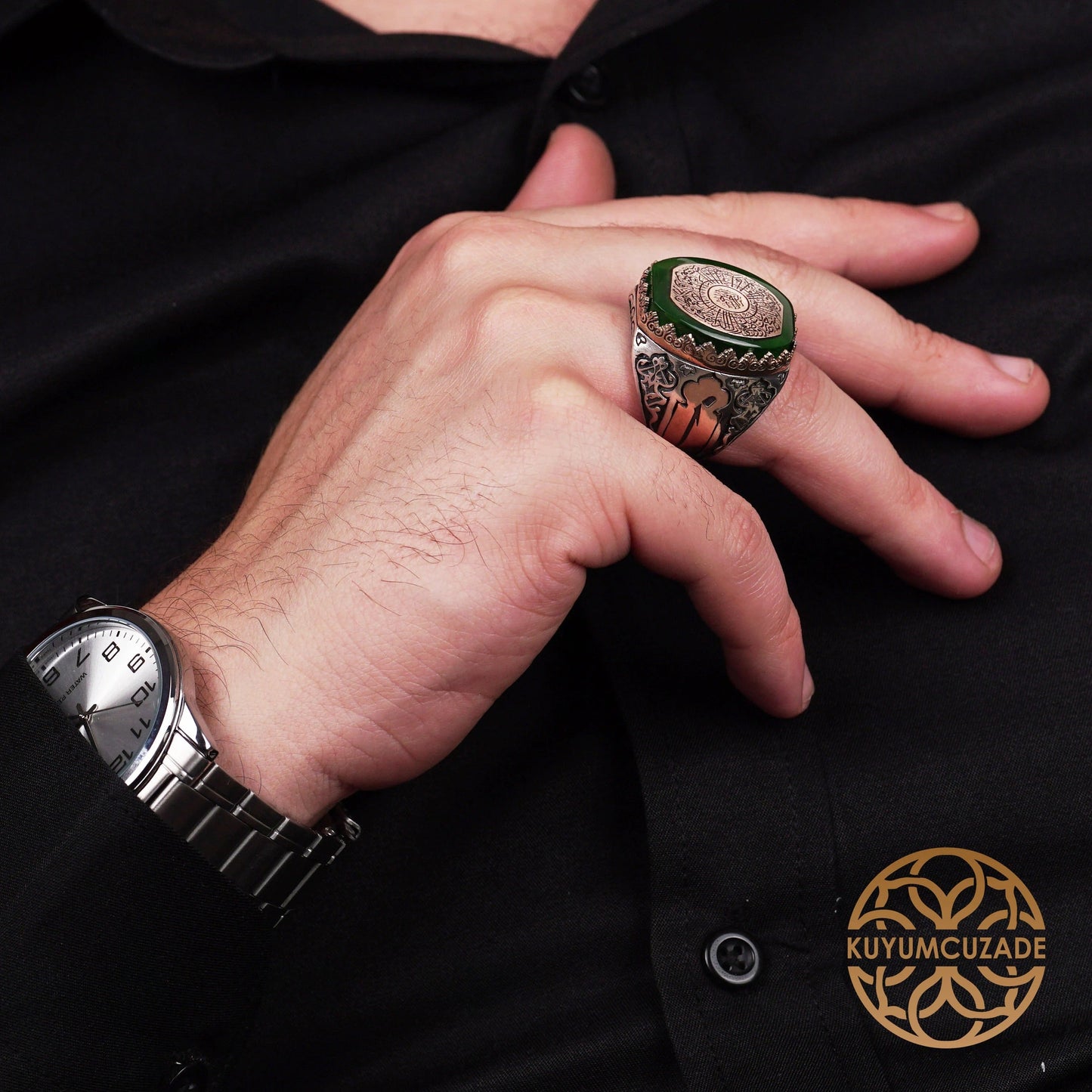 Green Fire Amber Stone Sterling Silver Ring