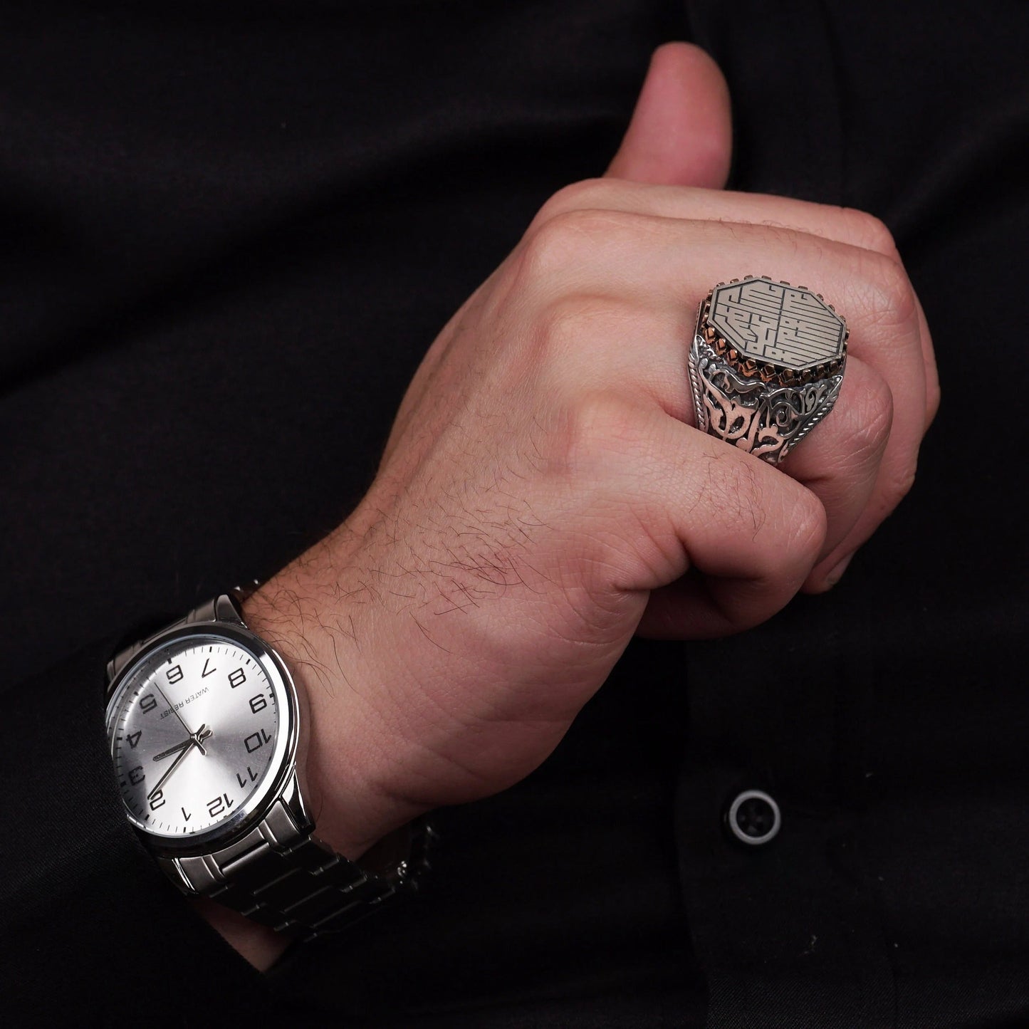 Men's Octagonal Silver Ring with Shahada