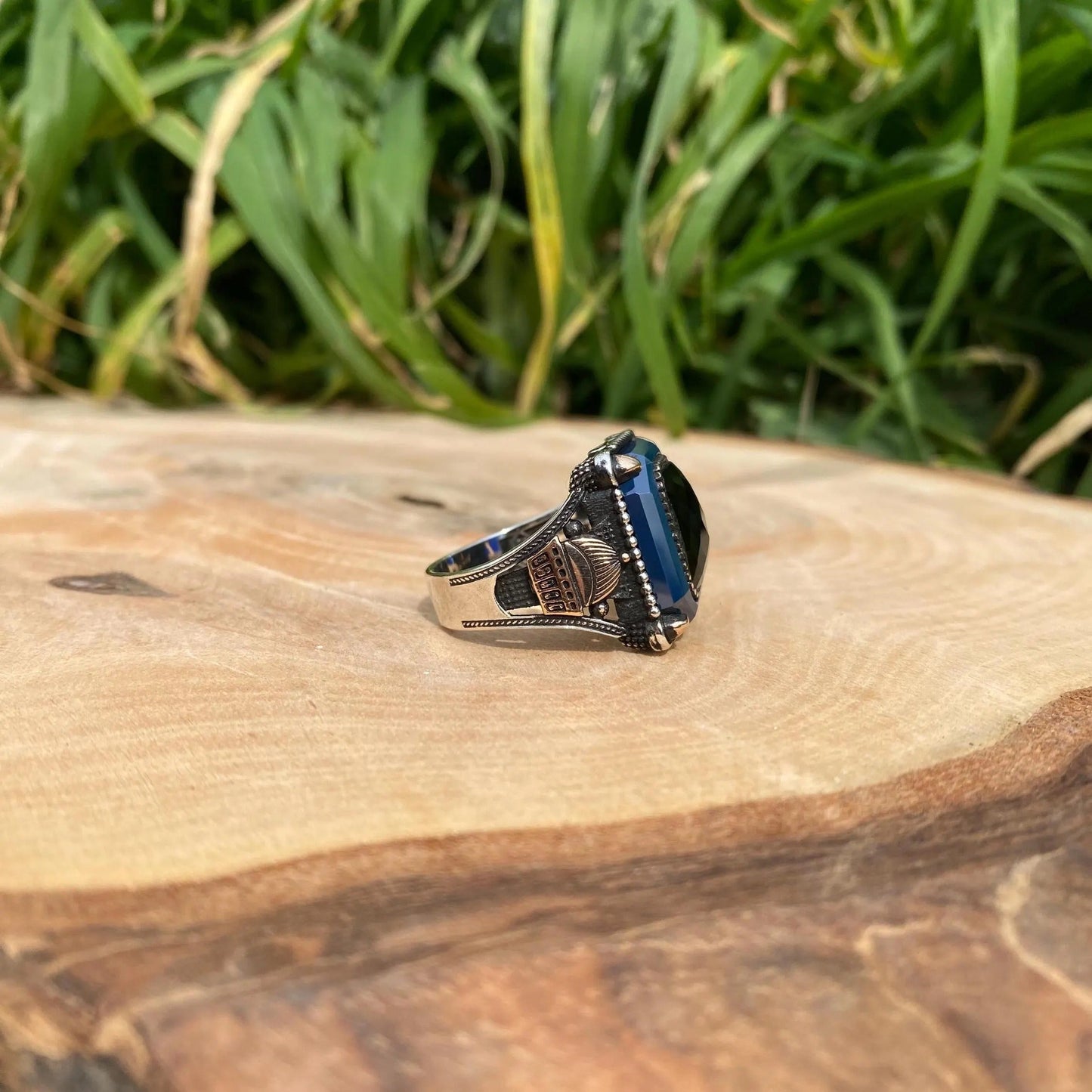 Sapphire Islamıc Men Square Islamıc Silver Ring