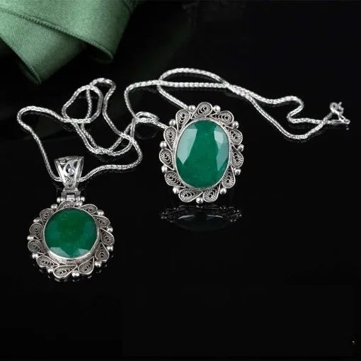 Emerald Green Filigree Silver Women Set