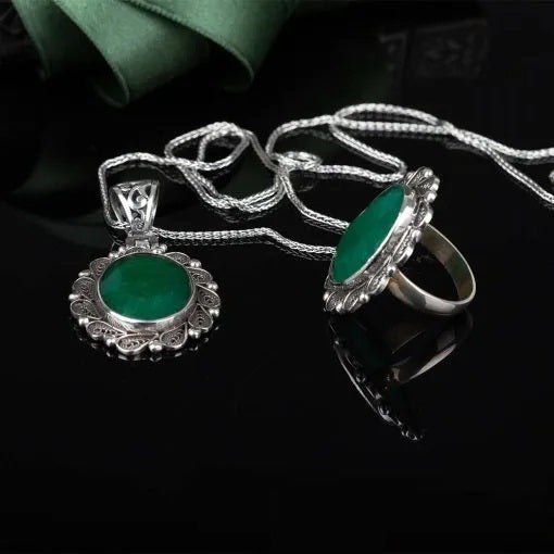 Emerald Green Filigree Silver Women Set