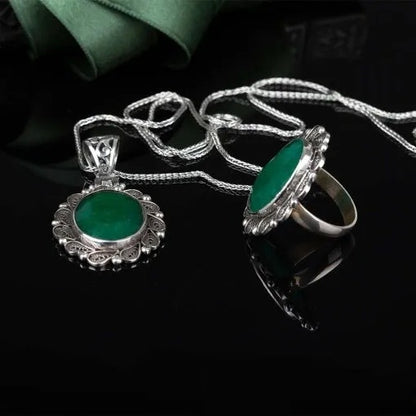 Emerald Green Filigree Silver Women Set
