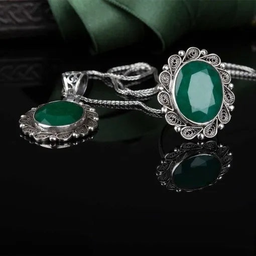 Emerald Green Filigree Silver Women Set