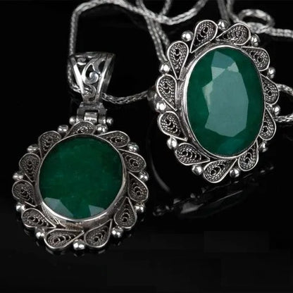 Emerald Green Filigree Silver Women Set