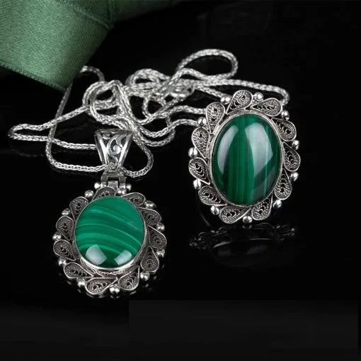 Malachite Filigree Silver Women Set