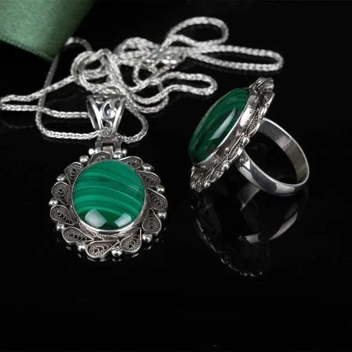 Malachite Filigree Silver Women Set