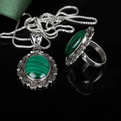 Malachite Filigree Silver Women Set