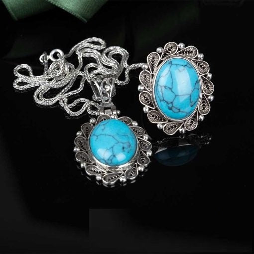Turquoise Feroza Filigree Silver Women Set