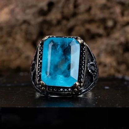 Blue Quartz Rectangle Ornamented Silver Ring