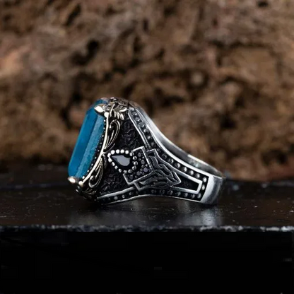 Blue Quartz Rectangle Ornamented Silver Ring