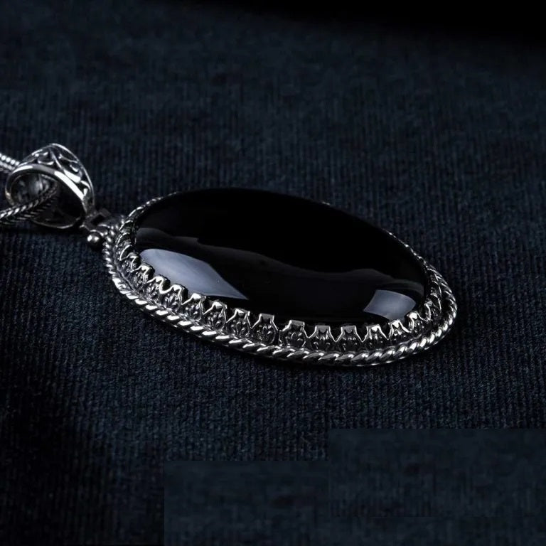 Black Aqeeq Onyx Oval Silver Pendant