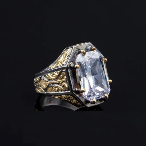 Masterpiece Collection White Zircon Gold Plated Oxidized Silver Ring