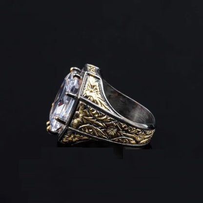 Masterpiece Collection White Zircon Gold Plated Oxidized Silver Ring