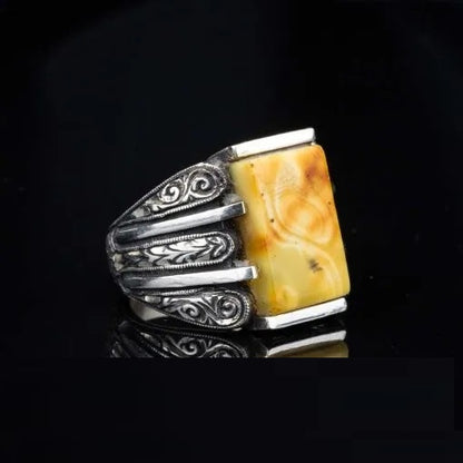 One of a Kind Yellow Amber Silver Ring No2