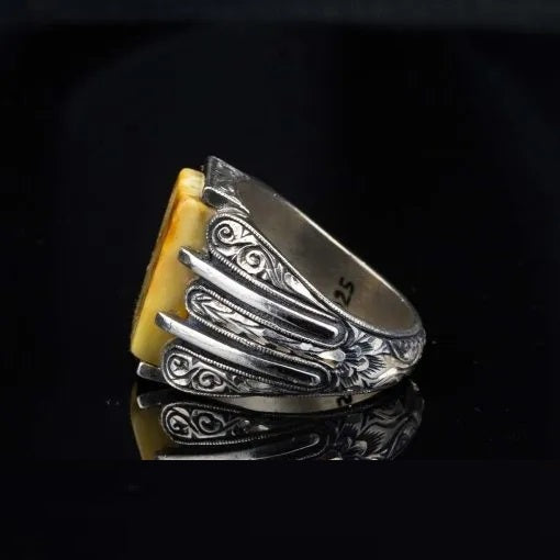 One of a Kind Yellow Amber Silver Ring No2