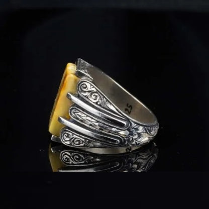 One of a Kind Yellow Amber Silver Ring No2