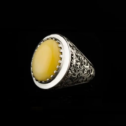 Savoy Collection Yellow Amber Hand Engraved Ring