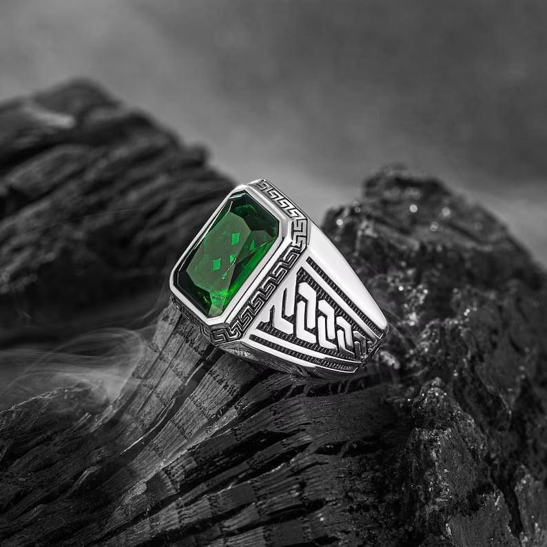 Ancient Greek Mythology 925 Silver - Green Turkish Ring