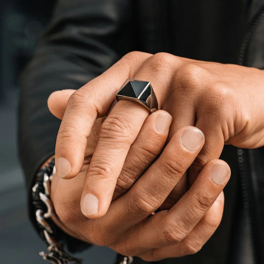 Exclusive Classic Style Ring with Natural Pyramidal Black Onyx