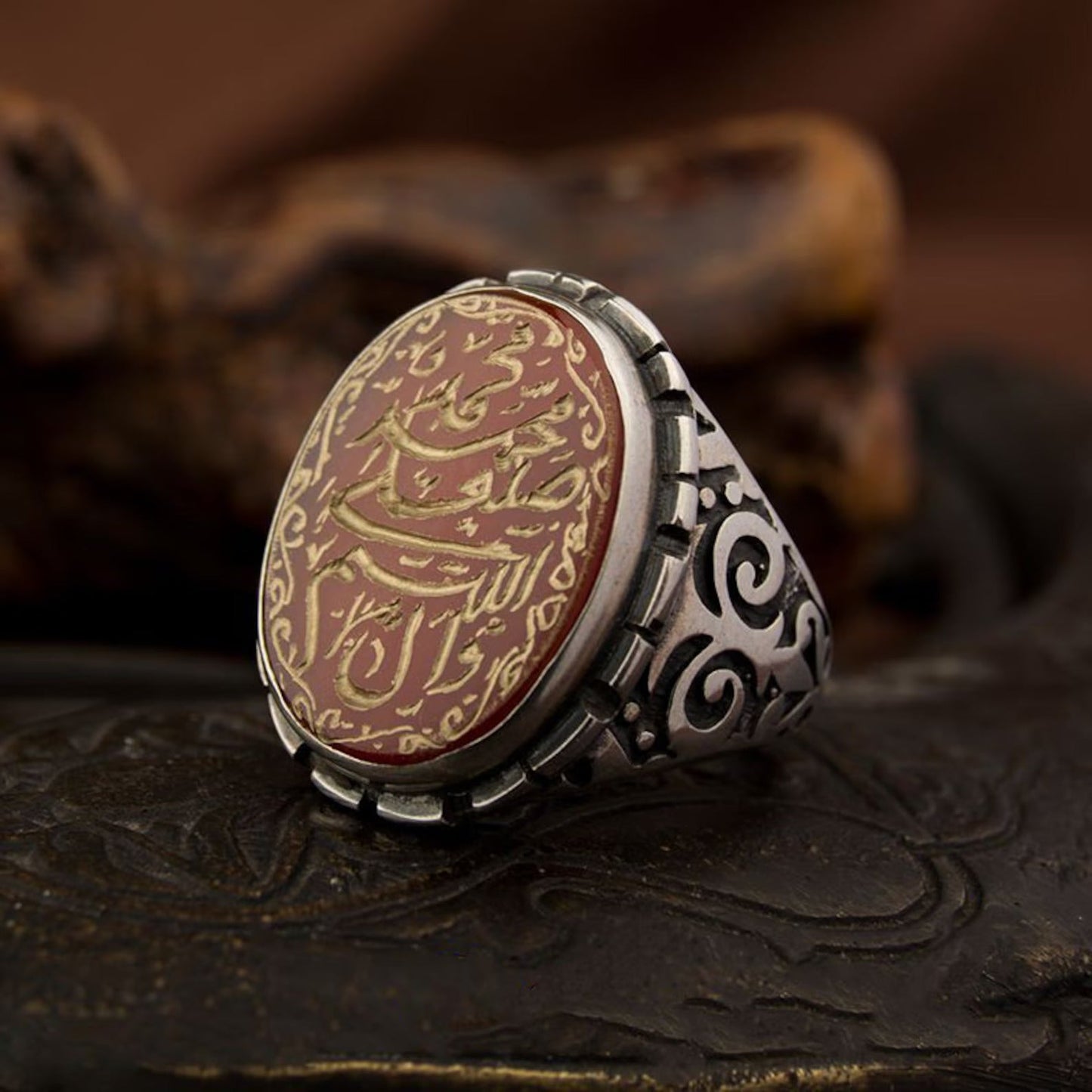 Salawat Islamic Calligraphy Red Yemeni Aqeeq Ring