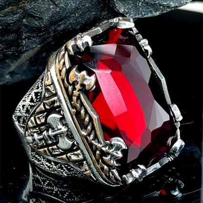 Mens Silver Large Ruby Stone Ring