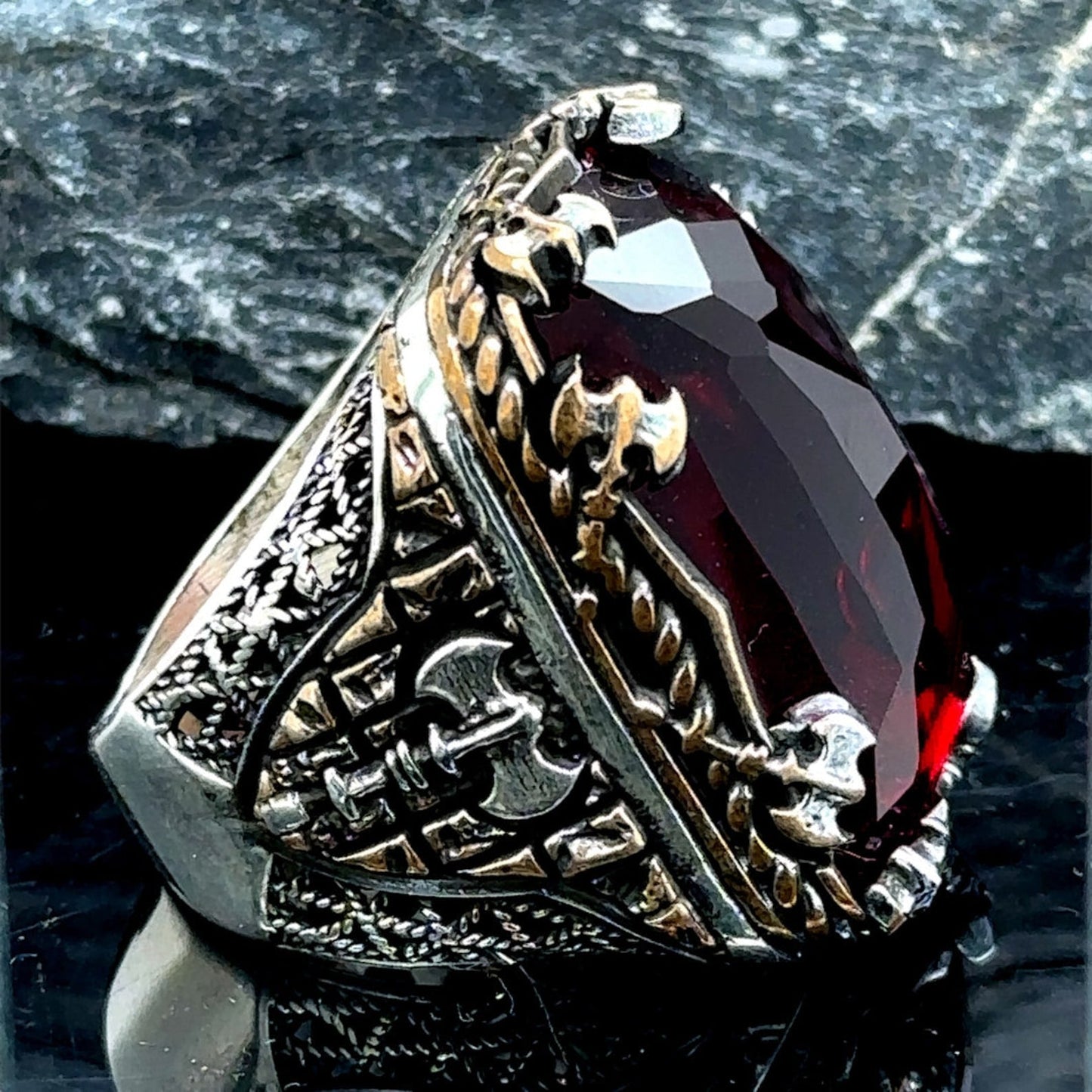 Mens Silver Large Ruby Stone Ring