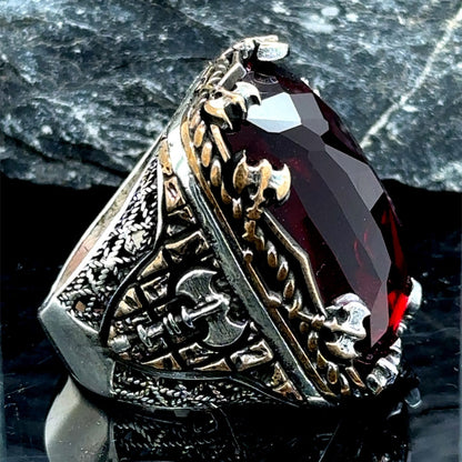 Mens Silver Large Ruby Stone Ring