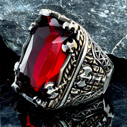 Mens Silver Large Ruby Stone Ring