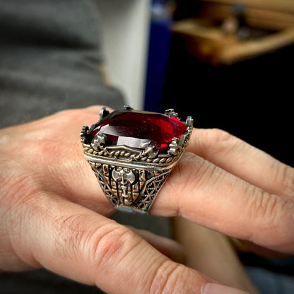 Mens Silver Large Ruby Stone Ring