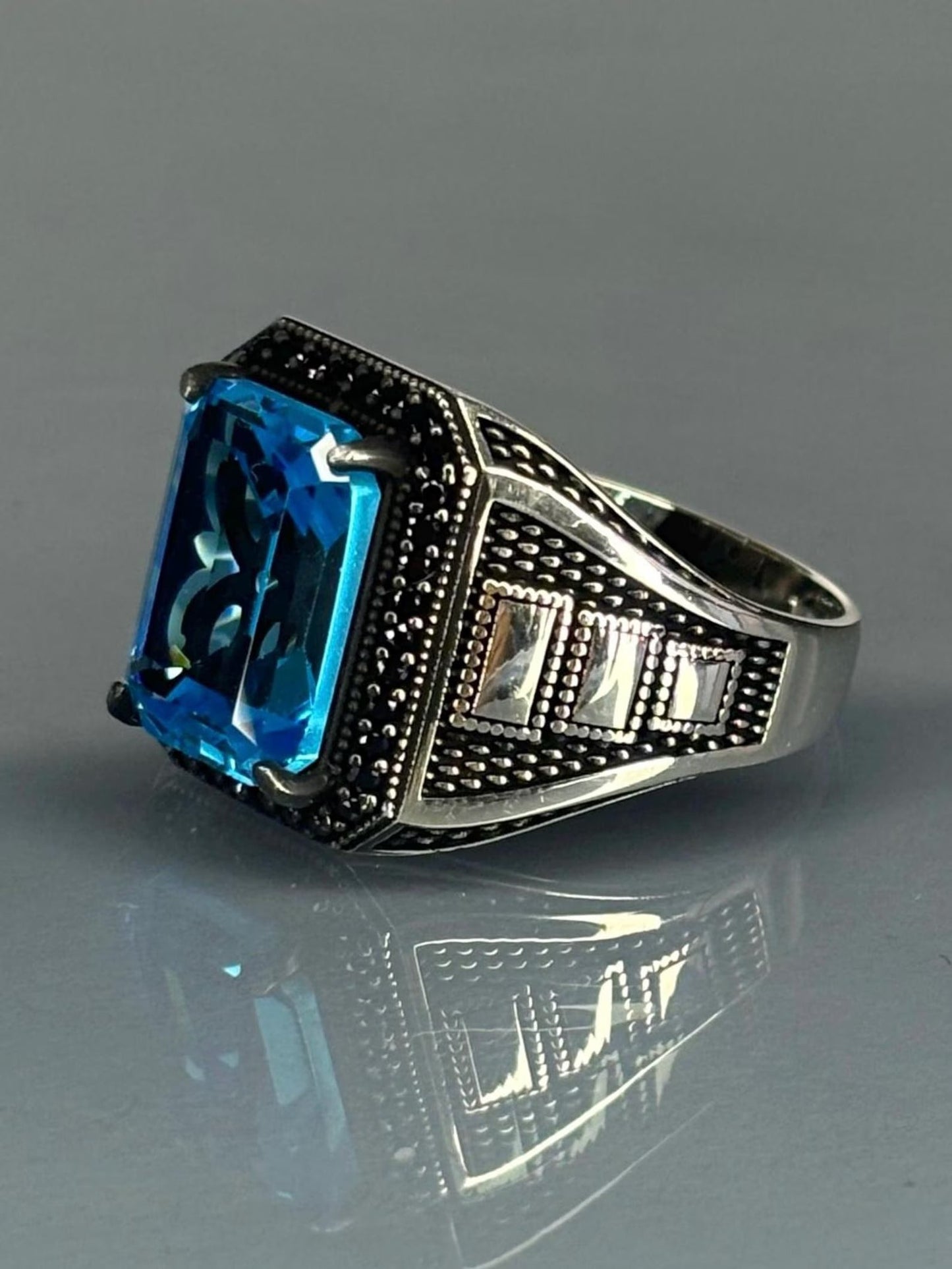 Men's 925 Sterling Silver Aquamarine Stone Ring