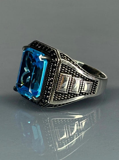 Men's 925 Sterling Silver Aquamarine Stone Ring