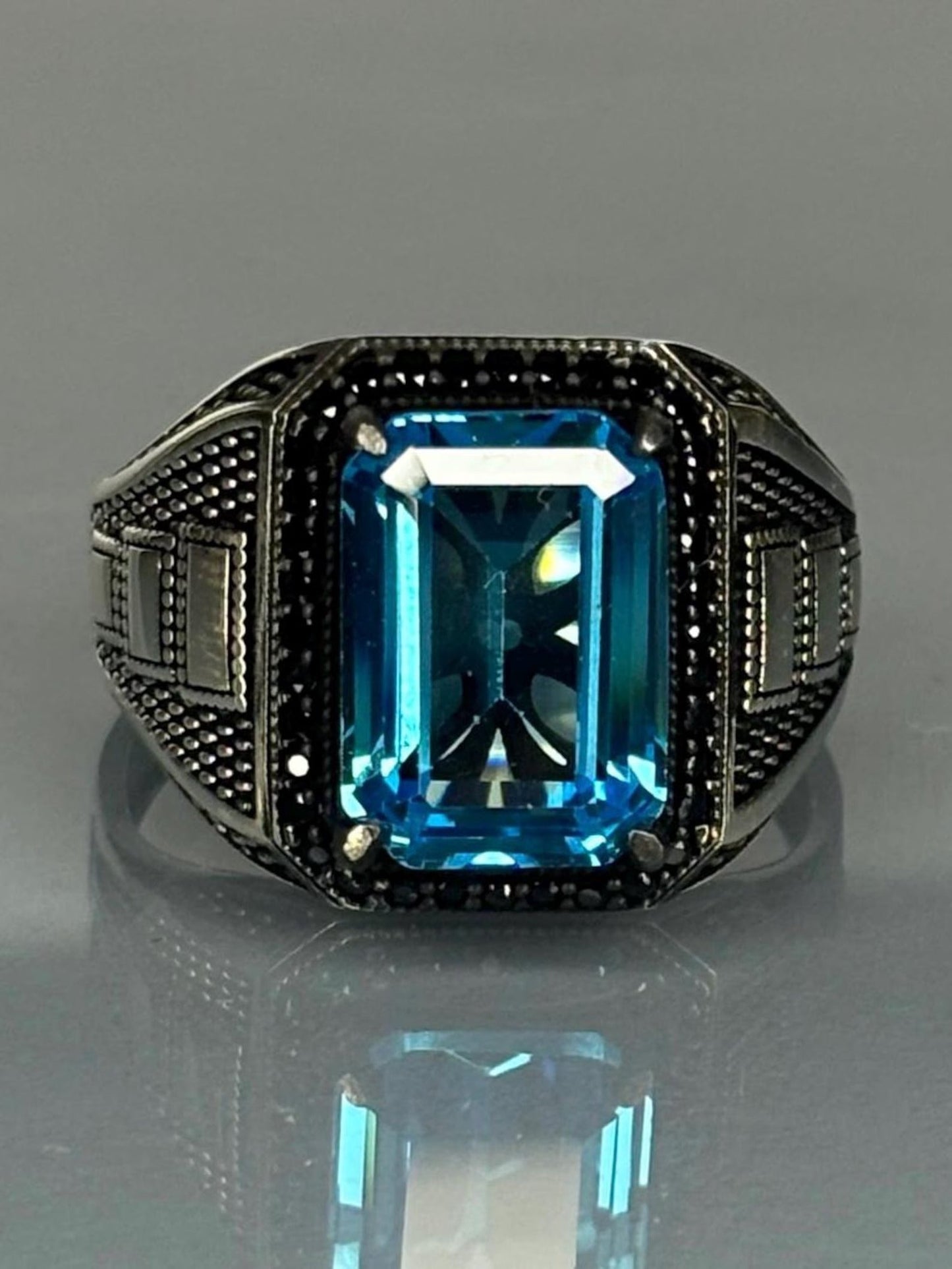 Men's 925 Sterling Silver Aquamarine Stone Ring