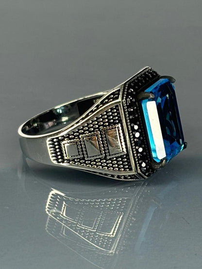 Men's 925 Sterling Silver Aquamarine Stone Ring