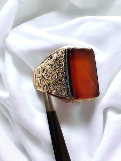 Natural Red Yemeni Agate Mens Hand Engraved Ring