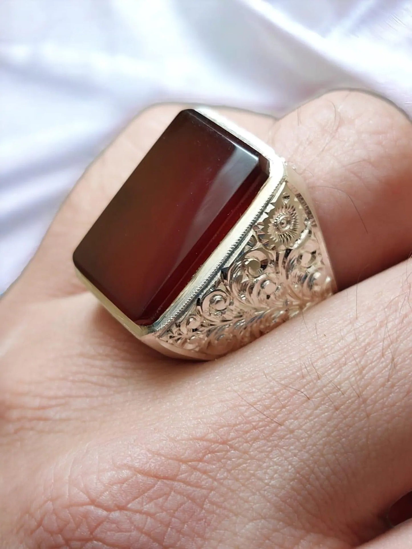 Natural Red Yemeni Agate Mens Hand Engraved Ring