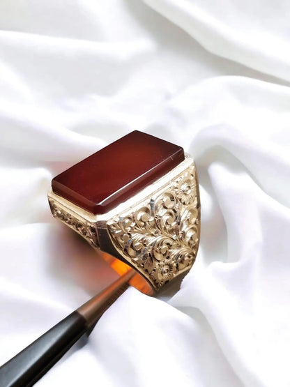 Natural Red Yemeni Agate Mens Hand Engraved Ring
