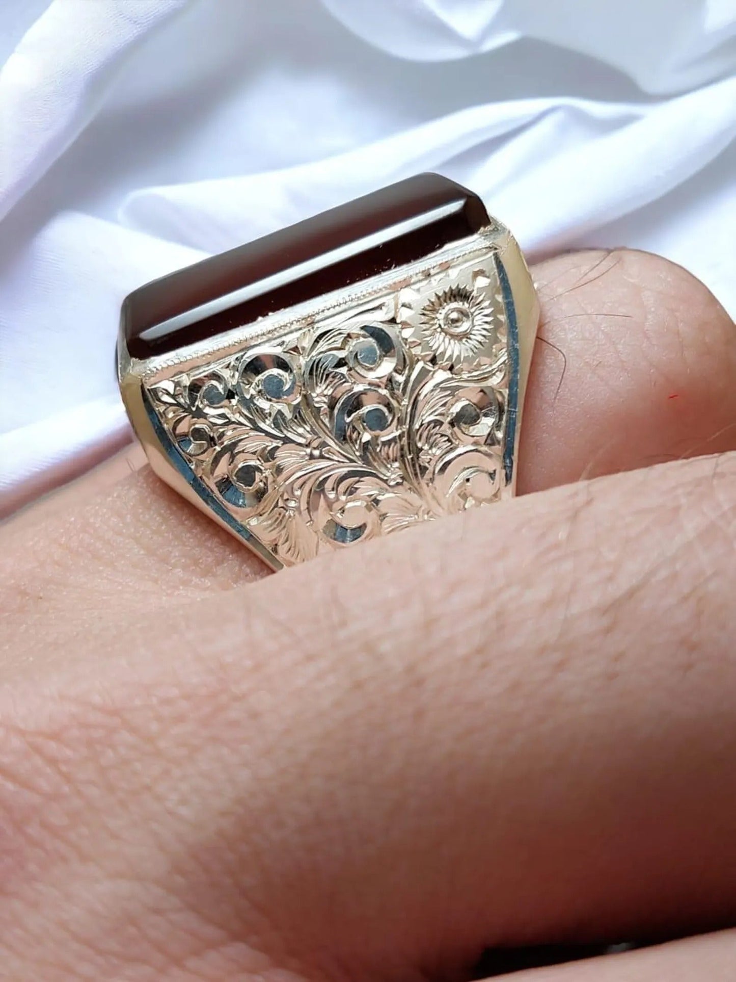 Natural Red Yemeni Agate Mens Hand Engraved Ring