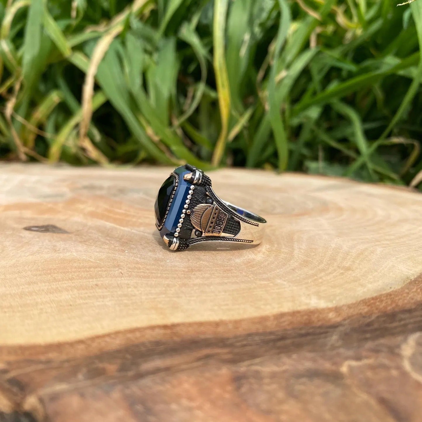 Sapphire Islamıc Men Square Islamıc Silver Ring