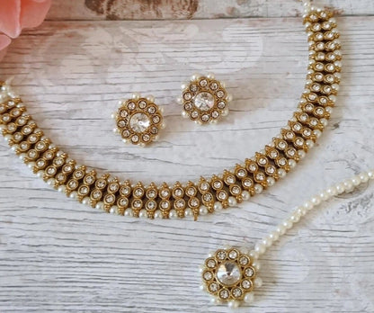 Simple Gold Silver Kundan Stone Flexible Indian Necklace set
