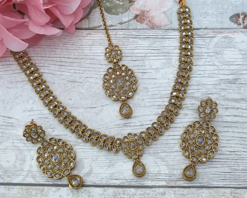 Simple Gold Silver Polki Stone necklace set