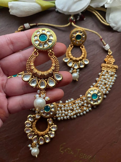 Antique Gold Multicolour Polki Coller Choker Necklace Set